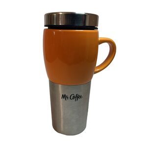 Mr. Coffee Mug 16 Ounce Stainless Steel Orange Ceramic Travel Cup w/Lid Traverse